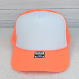 Neon Orange & White Foam Trucker Hat, front view of the stylish foam trucker cap with neon orange brim and mesh back.