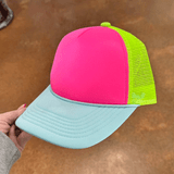 Blue Billed Tricolor Foam Trucker Hat, pink front panel, yellow mesh side panels, light blue bill, adjustable strap.
