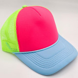 Blue Billed Tricolor Foam Trucker Hat, neon pink front panel with pale blue bill and green mesh back panel.