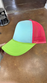 Green Billed Tricolor Foam Trucker Hat, colorful foam trucker cap with green bill, light blue front panel, and red mesh back.