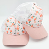 Peach Patterned Trucker Style Hat, white and pink mesh trucker cap with peach print pattern and pink curved brim.
