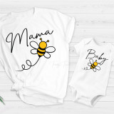 Mama bee mommy and me honey bee sublimation transfer, matching T-shirts for mother and baby with bee illustration and text for personalized apparel.