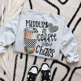 Running On Coffee And Chaos DTF Heat Transfer, graphic design of a coffee cup with lightning bolts and checkered patterns, surrounded by playful text and heart shapes.