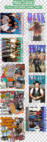 Music Classics Premade 22x60 Gang Sheet DTF Heat Transfer, colorful collage of musical themes, band pictures, and musical instruments.