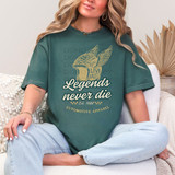 Legends Never Die Racing DTF Heat Transfer, graphic printed on a teal T-shirt featuring a winged tire and automotive theme design.