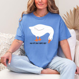 Who You Calling Silly? DTF Heat Transfer, a digital image of a woman wearing a blue t-shirt with a cartoon duck and the text 'who are you calling silly?' for personalized fabric decoration.