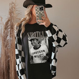 Product Shotgun Willie DTF Heat Transfer, a black and white heat transfer image showcasing a smiling man with a hat and a shirt that reads 'SHOTGUN WILLIE'.