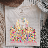 Every Knee Shall Bow Pink DTF Heat Transfer, graphic T-shirt featuring an illustration of Jesus Christ surrounded by colorful circles with biblical quote Philippians 2:10-13 at the bottom.