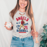 Vintage Angels Baseball DTF Heat Transfer, baseball themed graphic on a woman's casual t-shirt showing a baseball player, LA, Los Angeles, CA text, and patriotic colors.