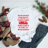 Merry Christmas, Shitter's Full Sublimation Transfer T-shirt with Christmas-themed design including reindeer, Christmas trees, and snowflakes.