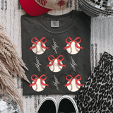 Baseball Lightning Bolt Collage DTF Heat Transfer, graphic design featuring baseballs with red bows and black-and-white lightning bolts on a dark grey T-shirt.