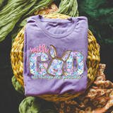 With God All Things Are Possible Bunny DTF Heat Transfer, colorful floral bunny design on purple sweatshirt.