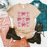 Pink Toile Coquette Bunny DTF Heat Transfer, pink bunny and bow design on beige t-shirt, surrounded by fashion items including black boots, pink velvety pants, denim jacket, and a vintage camera.