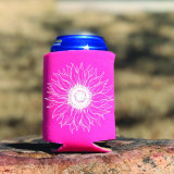 Sunflower WHITE HAT/CAN HUGGER Screen Print Heat Transfer, heat transfer design featuring a white sunflower illustration on a pink neoprene can cooler.