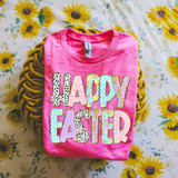 Happy Eastern Retro Pattern DTF Heat Transfer, colorful and festive Easter-themed design on a pink t-shirt with cheerful lettering.