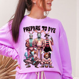 Prepare To Dye Horror DTF Heat Transfer, image of a woman wearing a purple sweatshirt with a unique horror-themed Easter bunny graphic for dye sublimation.