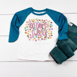 100 Days Sweeter Pink Sublimation Transfer, colorful donut and sprinkle design on a white and blue raglan t-shirt.