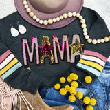 MAMA Pink and Gold Sequin Patch, a close-up image of a colorful sequin embroidered patch featuring the word 'MAMA' with stars, displayed with various fashion accessories and clothing items.