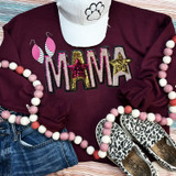 MAMA Pink and Gold Sequin Patch, close-up view showing the colorful sequined patch on a maroon sweatshirt, paired with leopard print shoes, pink and white felt ball necklace, and a white cap with a paw print design.