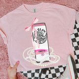 Claw Coquette Bow DTF Heat Transfer, pink T-shirt with a graphic of a salt shaker and pearls, featuring a pink bow and text design.