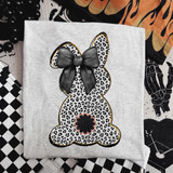 Leopard Bunny Coquette DTF Heat Transfer, a cute bunny-shaped design with leopard print pattern and a 3D bow on a gray fabric.