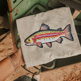 Faux Rhinestone Rainbow Trout DTF Heat Transfer, colorful trout design with rhinestones on a gray fabric, for apparel decoration.