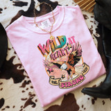 Wild At Heart Est. 1820 DTF Heat Transfer, pink graphic t-shirt featuring an eagle with colorful wings and bold text.