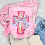 He Is Risen Colorful Cross CLEAR Screen Print Heat Transfer, vibrant cross with a bow, on pink fabric, Christian religious design.