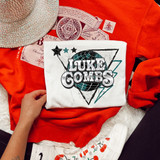 LCombs Country Music DTF Heat Transfer, custom graphic T-shirt with a globe, stars, and geometric shapes design.