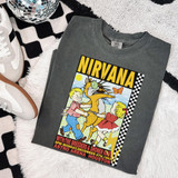 Nirvana Fan Art DTF Heat Transfer, illustrated band poster featuring cartoon characters of two children and a creature with the band name at the top.