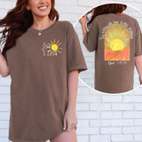 His Mercies Are New Every Morning SET DTF Heat Transfer, front and back view of a brown t-shirt with a sun graphic and biblical verse design.