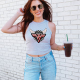 Halen Music Poster DTF Heat Transfer, woman wearing sleeveless grey top with Van Halen logo, holding iced coffee, standing against white brick wall.