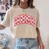 Mama Strawberries DTF Heat Transfer, a colorful strawberry-themed graphic design printed on a beige T-shirt.