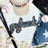 Greyhounds Sequin Patch, colorful sequin embroidered patch spelling 'greyhounds' on a white t-shirt.