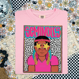 Seminoles Colorful Mascot DTF Heat Transfer, vibrant and colorful design of a Seminoles mascot with star-shaped sunglasses and pink hair, on a pink T-shirt.