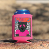 Panthers Colorful Mascot DTF Heat Transfer, vibrant pink fabric koozie with a colorful mascot design featuring a panther with star-shaped eyes and pink clothing.