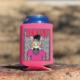Zebras Colorful Mascot DTF Heat Transfer, a vibrant pink can cooler featuring a fun zebra mascot with star-shaped sunglasses and colorful text.