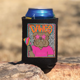 Dawgs Colorful Mascot DTF Heat Transfer, a vibrant and playful design featuring a dog mascot with star-shaped sunglasses holding a rainbow popsicle, on a black can cooler.