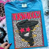 Tornadoes Colorful Mascot DTF Heat Transfer, vibrant and multicolored tornado mascot with stars eyes on a blue T-shirt.