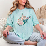 WV Spring Floral DTF Heat Transfer, floral pattern inside the map of West Virginia on a mint green t-shirt worn by a woman.