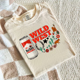 Wild West Desert DTF Heat Transfer, colorful design on a white T-shirt featuring a Marlboro can, cacti, horses, stars, and southwestern motifs.