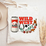 Wild West Desert DTF Heat Transfer, colorful desert-themed design with a Marlboro can, cactus, horse, and southwestern motifs on a tote bag.