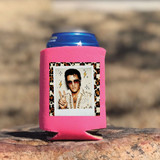 Leopard Elvis DTF Heat Transfer, pink can cooler with a print of Elvis Presley wearing heart-shaped sunglasses and making a peace sign gesture.