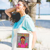 Indians Colorful Mascot DTF Heat Transfer, vibrant Indian-themed mascot design on a tote bag featuring a woman at the beach with sunglasses and a blue t-shirt.