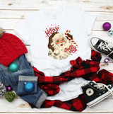 Holly Jolly Vintage Leopard Santa Sublimation Transfer, white T-shirt with vintage Santa face wearing a leopard print hat and a candy cane, holiday festive design.