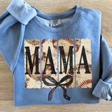 Product Baseball Mama Vintage Bow DTF Heat Transfer, a graphic design featuring the word MAMA with a baseball theme and a bow, printed on a blue sweatshirt.