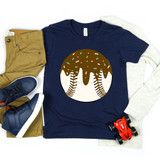 Brown Drip Baseball DTF Heat Transfer, circular baseball design with brown drip shape and baseball stitches on a navy T-shirt.