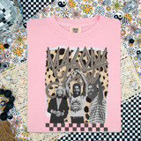 Spotted Background Malone DTF Heat Transfer, pink T-shirt with a graphic print of three men and the words 'Malone' and 'Post' on a floral background.