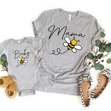 Baby Bee INFANT -FINAL STOCK Screen Print Heat Transfer, matching gray T-shirt for mom and baby with bee design and text 'Mama' and 'Baby'