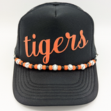 Custom Colors Baseball Hat Chain, black baseball cap with orange and white beaded chain decor.